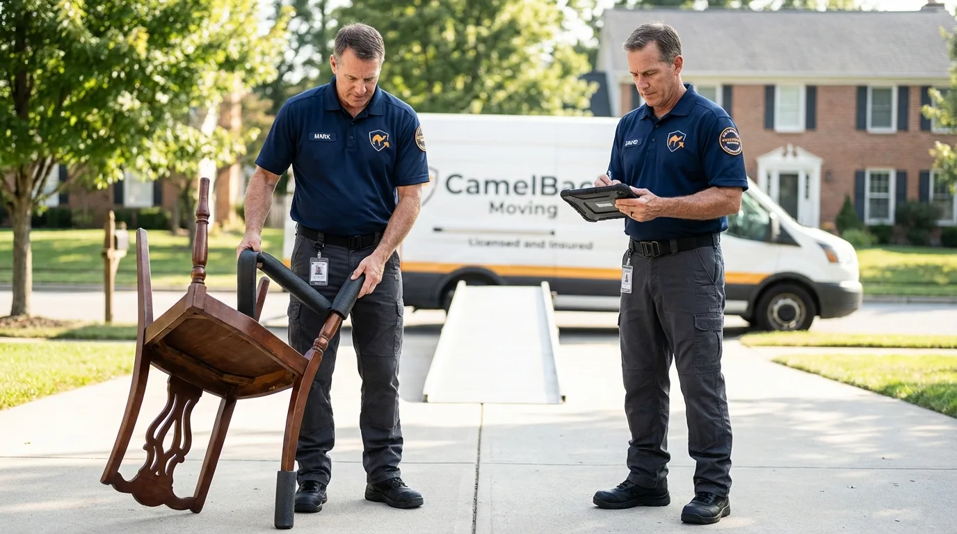 Movers inspecting furniture for damage prevention before loading in Green Valley, AZ