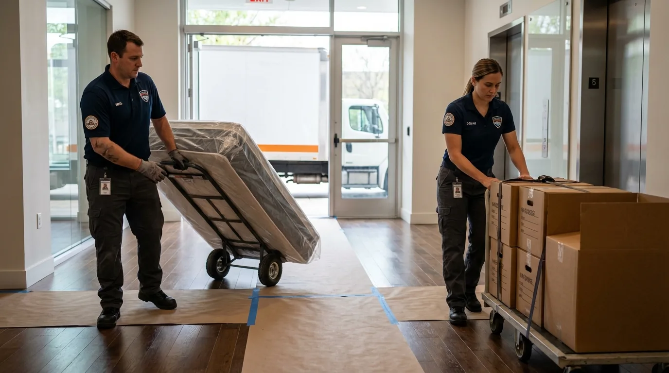 Professional apartment movers loading elevator in Green Valley, AZ
