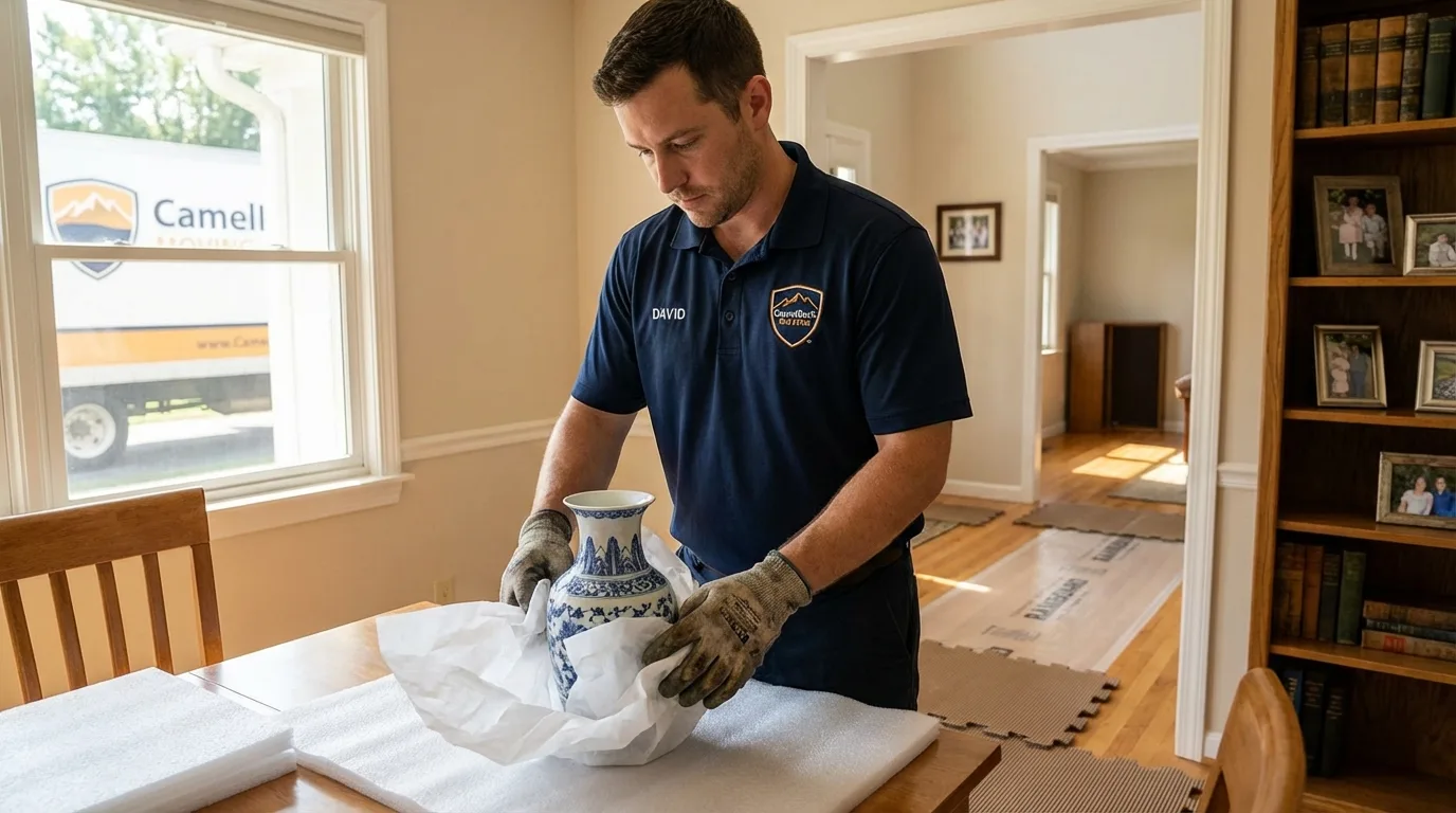 Professional crew carefully wrapping antique vase for senior downsizing move in Green Valley, AZ